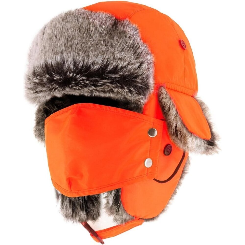 Men Orange Waterproof Ushanka Trapper Hat with Ear Flaps & Chin Strap